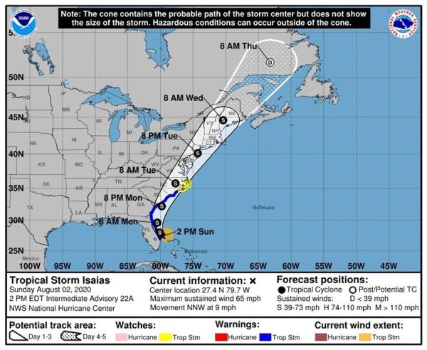 Isaías volverá a ser huracán antes de llegar a las Carolinas